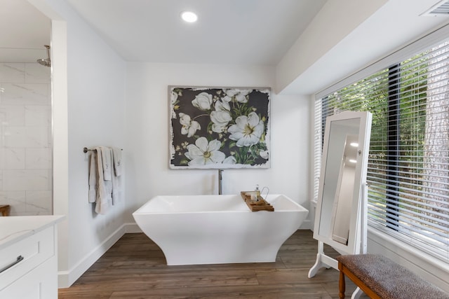 bathroom with plus walk in shower, vanity, and hardwood / wood-style flooring