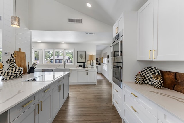 kitchen featuring pendant lighting, light stone counters, dark hardwood / wood-style floors, white cabinets, and lofted ceiling