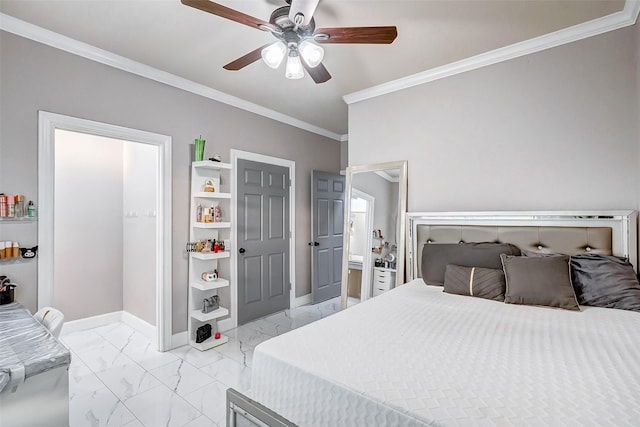 bedroom featuring ceiling fan and crown molding