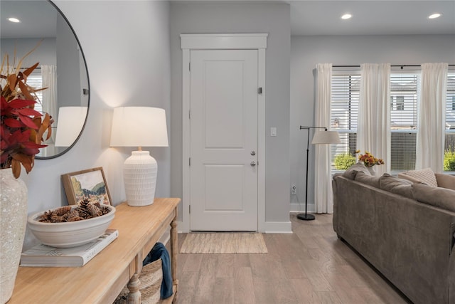 foyer entrance with light hardwood / wood-style floors