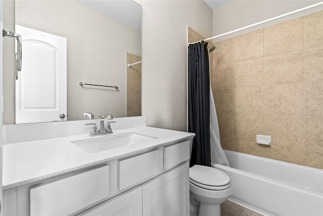 full bathroom with shower / bath combo, vanity, and toilet