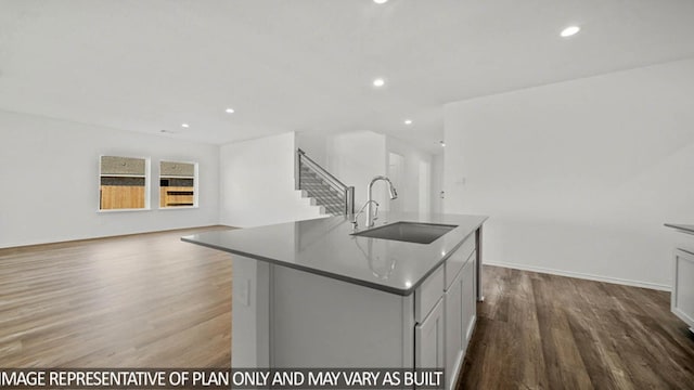 kitchen featuring wood-type flooring, sink, and an island with sink