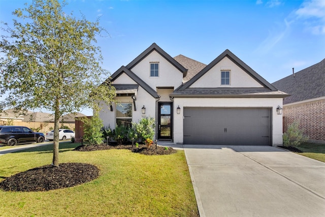 view of front facade with a front yard and a garage