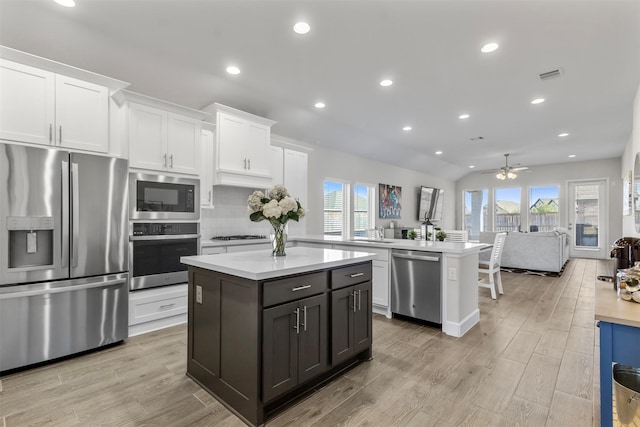 kitchen featuring white cabinetry, a kitchen island, stainless steel appliances, and ceiling fan