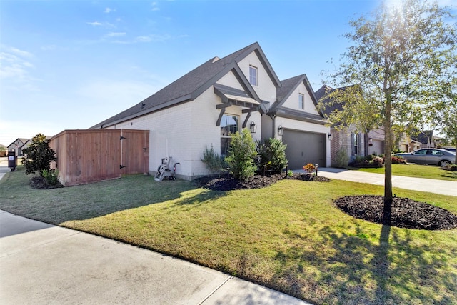 view of property exterior with a lawn and a garage