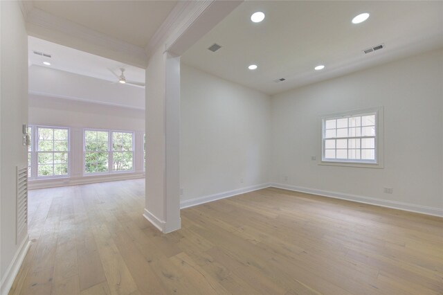 spare room featuring light wood-type flooring, ceiling fan, and a healthy amount of sunlight