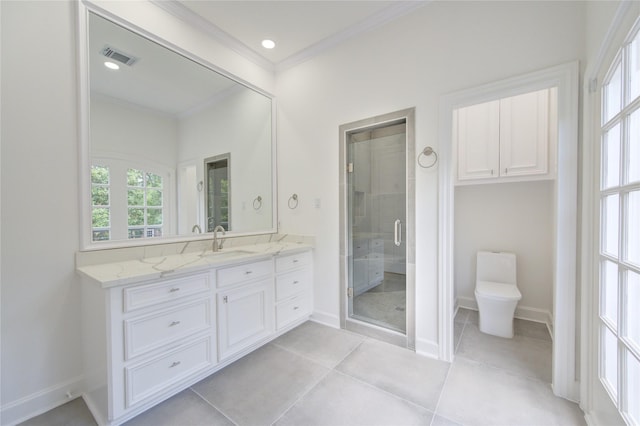 bathroom with vanity, tile patterned floors, toilet, ornamental molding, and walk in shower