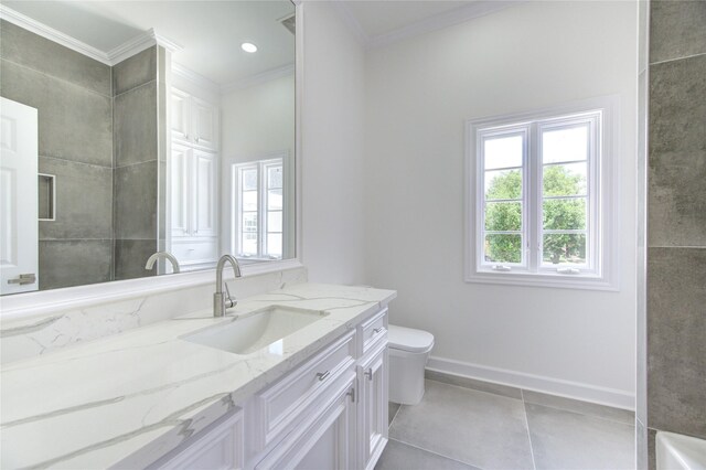 bathroom with tile patterned flooring, vanity, toilet, and crown molding