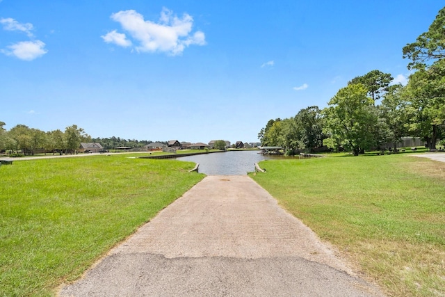 view of street with a water view