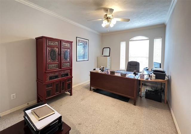 office with light carpet, ceiling fan, and ornamental molding