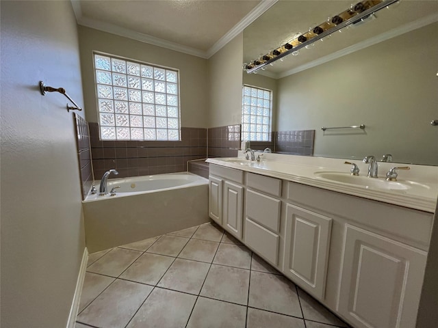 bathroom with tile patterned floors, vanity, a bath, and crown molding