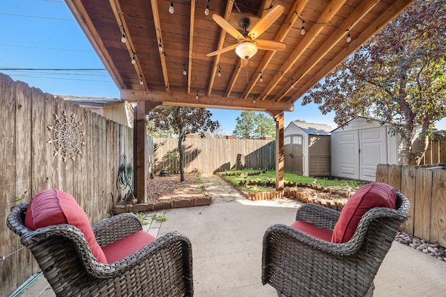 view of patio featuring a shed