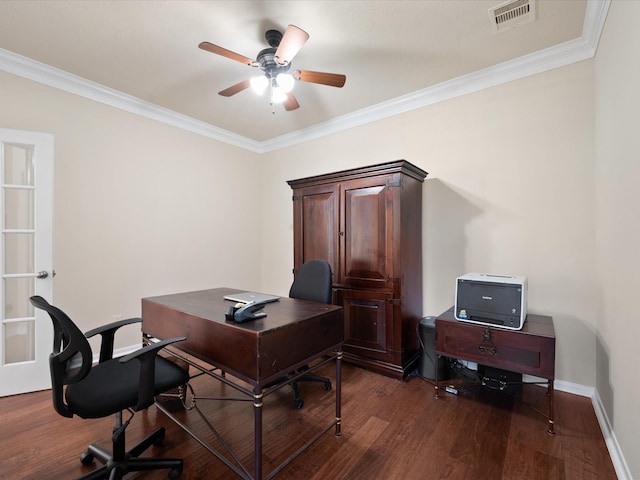 home office with ceiling fan, crown molding, and dark wood-type flooring