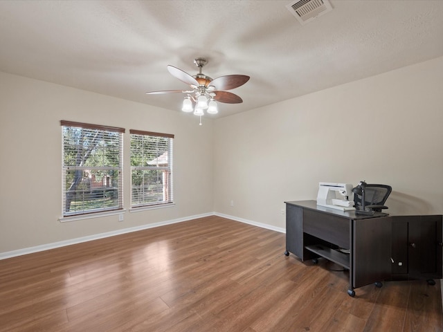 office space with ceiling fan and wood-type flooring