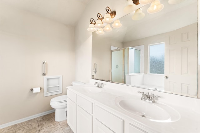 full bathroom with toilet, vanity, tile patterned floors, and independent shower and bath