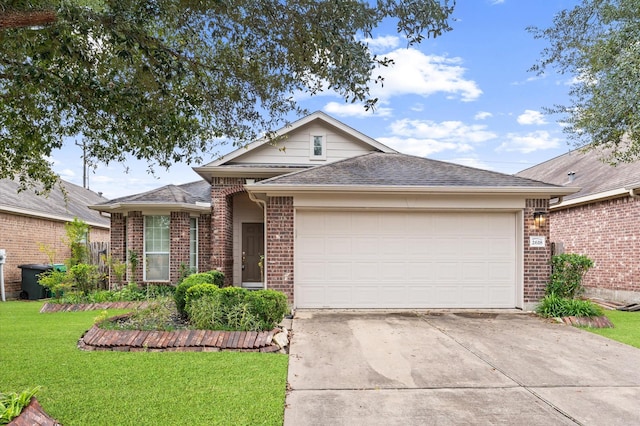 single story home featuring a front yard and a garage