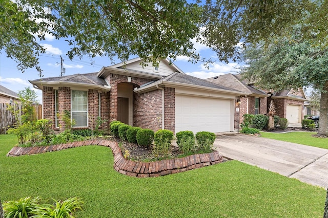 ranch-style house featuring a garage and a front lawn