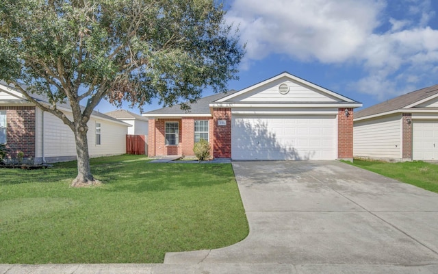 ranch-style home with a front yard and a garage