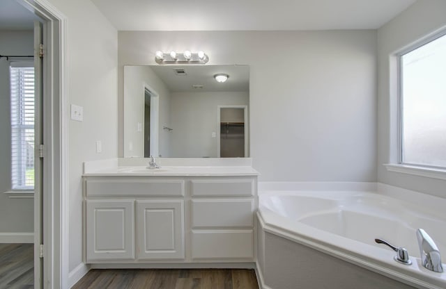 bathroom featuring vanity, a bath, and wood-type flooring