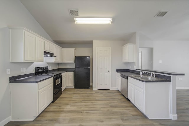 kitchen featuring black appliances, white cabinets, sink, light hardwood / wood-style floors, and kitchen peninsula