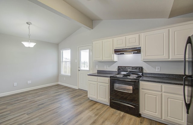 kitchen with white cabinetry, lofted ceiling with beams, electric range, and light hardwood / wood-style floors