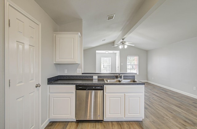 kitchen with white cabinetry, stainless steel dishwasher, ceiling fan, and sink