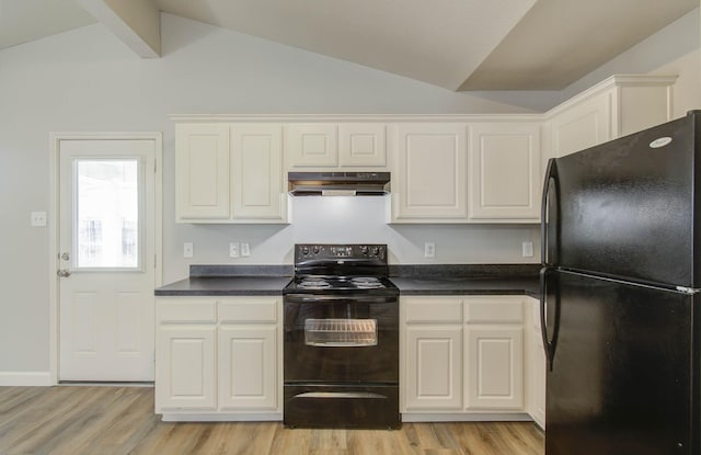 kitchen with white cabinets, black appliances, and light hardwood / wood-style floors