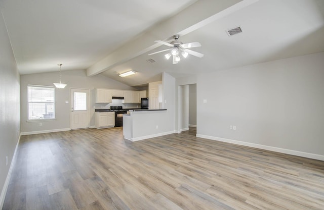 unfurnished living room featuring vaulted ceiling with beams, ceiling fan, and light wood-type flooring