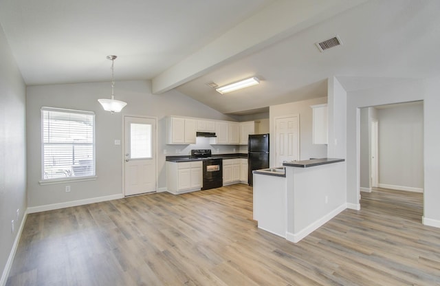 kitchen featuring kitchen peninsula, black appliances, light hardwood / wood-style flooring, white cabinets, and hanging light fixtures