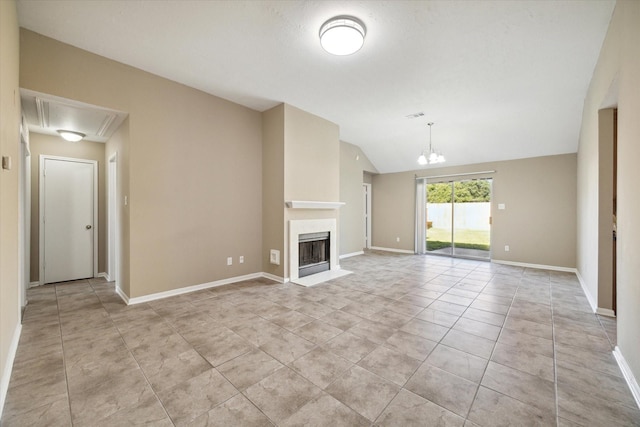 unfurnished living room featuring light tile patterned flooring, lofted ceiling, and an inviting chandelier