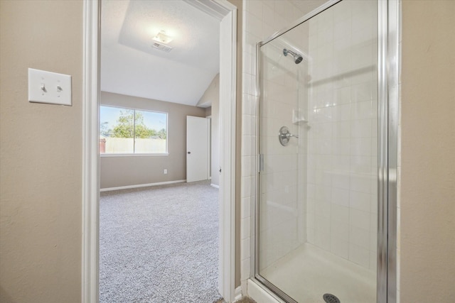 bathroom featuring a shower with shower door and vaulted ceiling