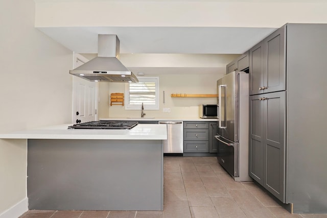 kitchen featuring gray cabinetry, exhaust hood, sink, appliances with stainless steel finishes, and kitchen peninsula