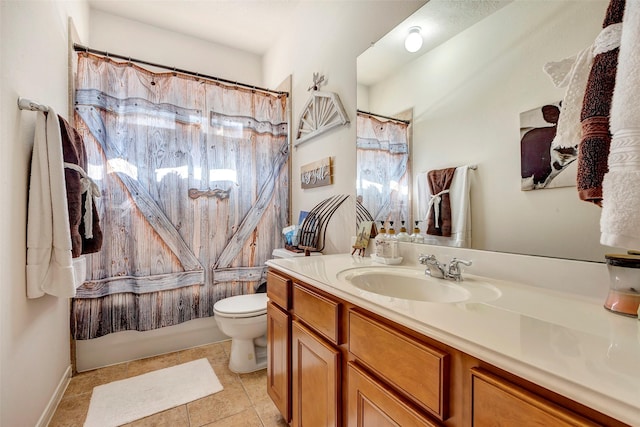 full bathroom featuring tile patterned floors, shower / bathtub combination with curtain, vanity, and toilet