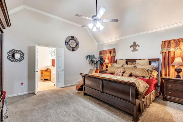 bedroom featuring ceiling fan, light colored carpet, ornamental molding, and high vaulted ceiling