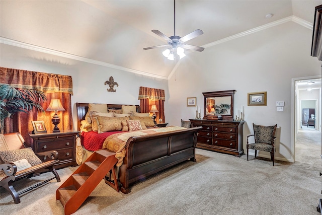 carpeted bedroom with ceiling fan, ornamental molding, and high vaulted ceiling