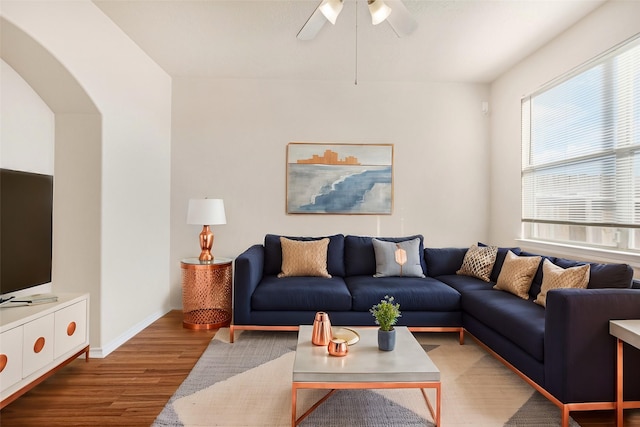 living room featuring ceiling fan and wood-type flooring