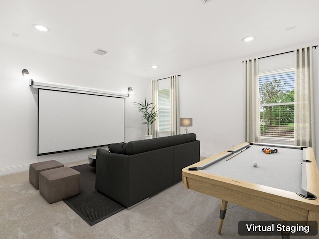 home theater room featuring light colored carpet and pool table