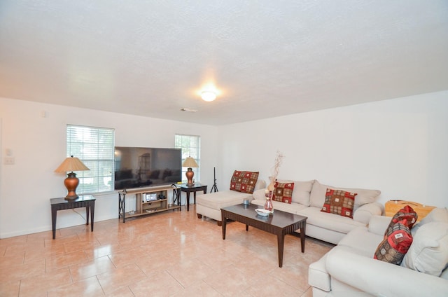 living room with a textured ceiling