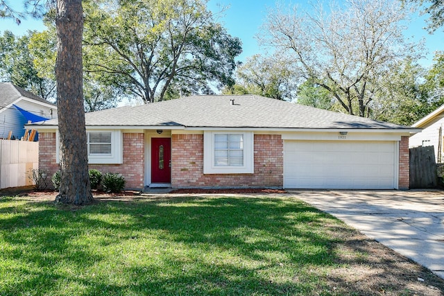 single story home featuring brick siding, concrete driveway, a front yard, fence, and a garage