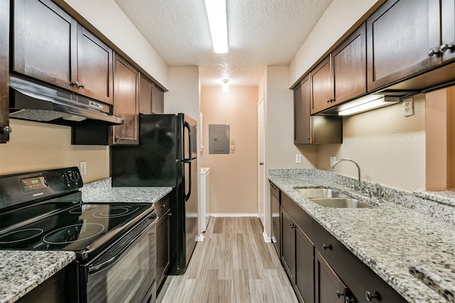 kitchen with black electric range, dark brown cabinetry, electric panel, and sink