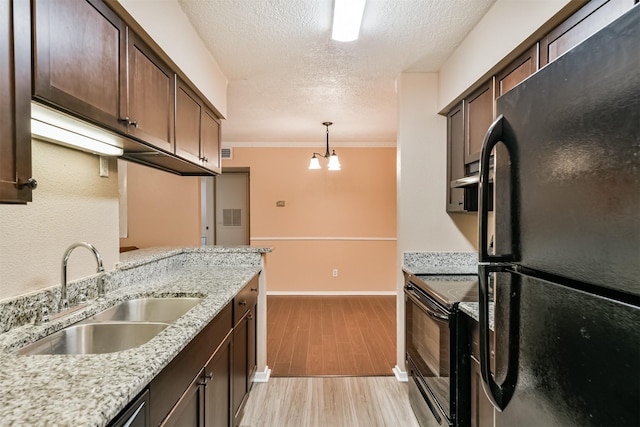 kitchen featuring pendant lighting, black appliances, sink, ornamental molding, and light stone counters