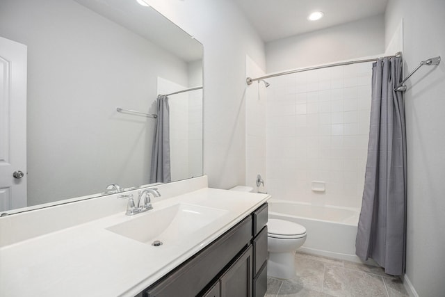 full bathroom with toilet, vanity, and shower / tub combo with curtain