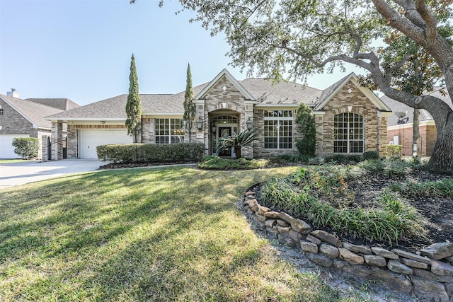 view of front of house with a garage and a front lawn