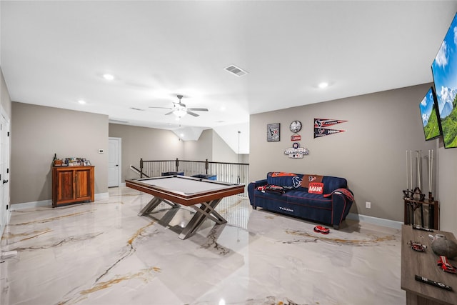 game room featuring ceiling fan and billiards