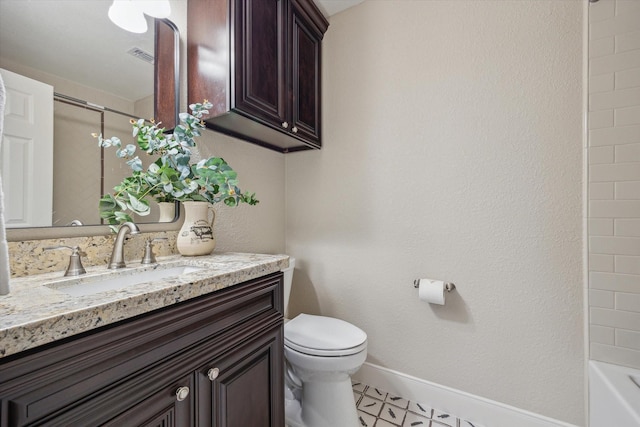 full bathroom featuring shower / washtub combination, vanity, and toilet