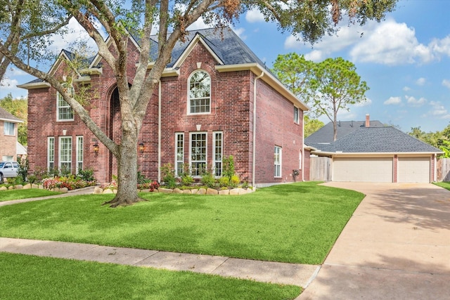 view of front of property with a front yard and a garage