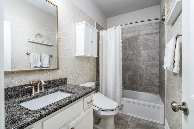 full bathroom featuring toilet, vanity, shower / tub combo with curtain, and tile patterned flooring