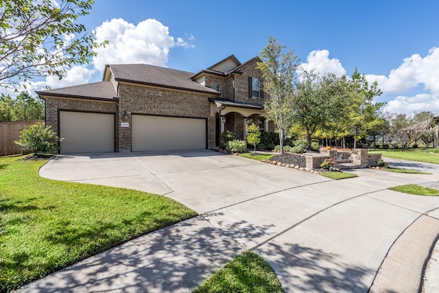 view of front of home with a front yard and a garage