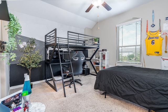 bedroom featuring carpet, ceiling fan, and lofted ceiling