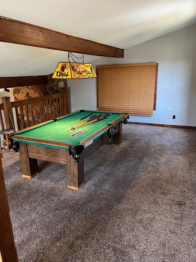 rec room featuring vaulted ceiling with beams, carpet floors, a textured ceiling, and billiards